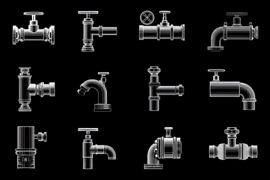 Illustration of twelve white plumbing pipes and valves on black background