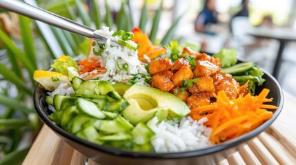 Colorful poke bowl with fresh vegetables and glazed chicken served outdoors