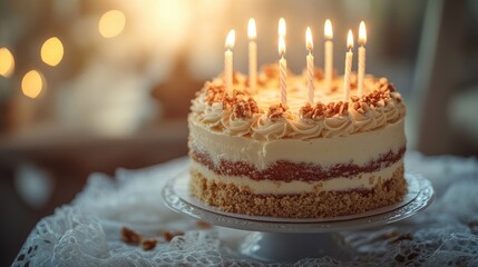 A Delicious Birthday Cake with Candles, Celebration and Good Wishes