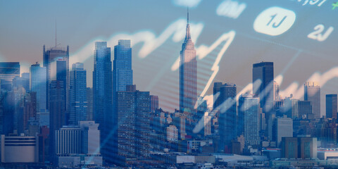 forex chart on cityscape with skyscrapers wallpaper double exposure. financial research concept.