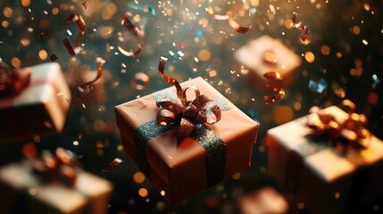 Celebratory moment with floating gifts and confetti against a bokeh backdrop