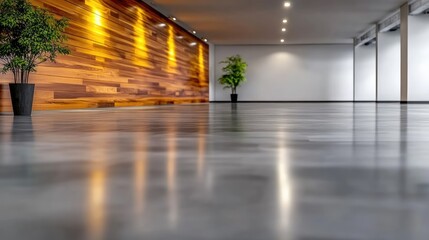Contemporary interior with polished concrete floors and wooden accent wall design