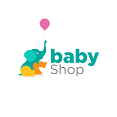 Cute elephant baby shop logo with colorful balloon for kids boutique and nursery branding