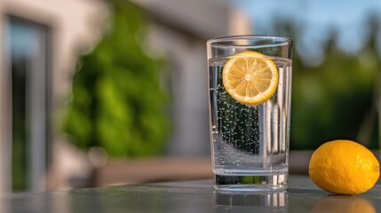 Refreshing lemon infused sparkling water in glass, summer refreshment concept