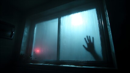 Silhouette Hand Against Steamy Window in Dark Bathroom with Red Light and Potted Plants