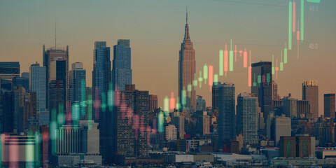 forex chart on cityscape with skyscrapers wallpaper double exposure. financial research concept.