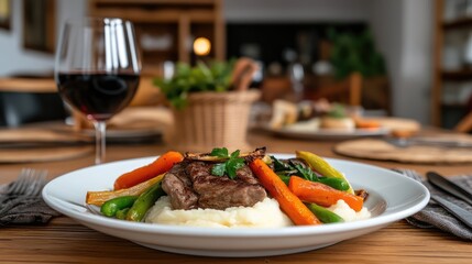 Elegant steak dinner with wine served on a wooden table setting