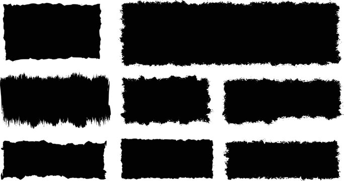 Black vector rough edge rectangles. Grunge square frames set. Jagged edge torn paper background collection. Paint brush strokes. Grungy distressed text boxes. EPS 10 version.
