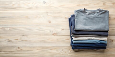 Neatly Folded Stack of Soft Shirts on Wooden Surface