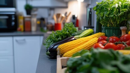 Fresh garden vegetables assortment with corn, eggplant, and tomatoes display