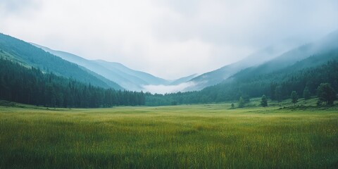 Fototapeta premium Misty mountain valley, grassy field