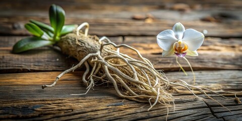 A delicate white orchid blossom rests near its exposed, intricate root system on a rustic wooden surface