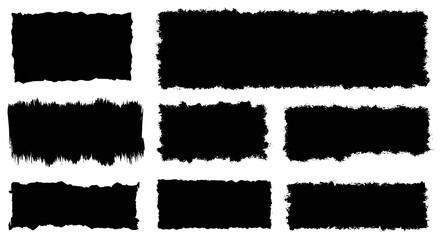 Black vector rough edge rectangles. Grunge square frames set. Jagged edge torn paper background collection. Paint brush strokes. Grungy distressed text boxes. Transparent PNG version.