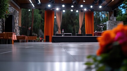 Elegant outdoor stage with orange drapes, perfect for a corporate event or concert