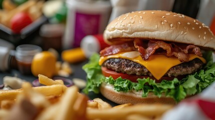 A Mouthwatering Close-Up of a Cheeseburger with Crispy Bacon and Golden Fries