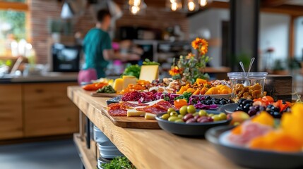 Appetizing charcuterie board display on wooden surface in blurred kitchen