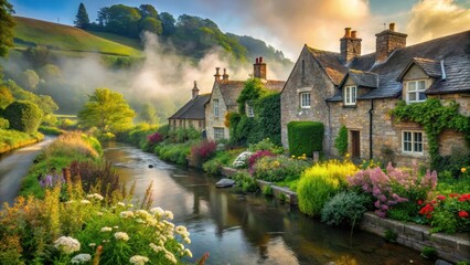 Serene River Village at Sunrise Picturesque Stone Cottages and Lush Gardens Adorned with Vibrant Blossoms