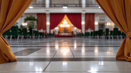 Elegant hall with draped curtains and tiled floor displaying sophistication