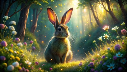 A Serene Forest Hare, Basking in Golden Sunlight Amongst Blooming Wildflowers and Sparkling Lights