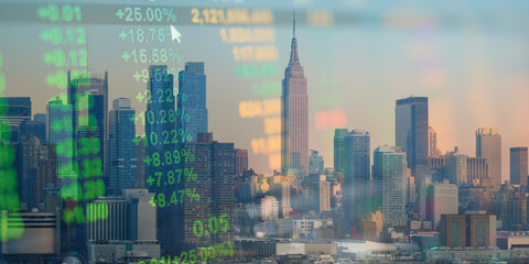 forex chart on cityscape with skyscrapers wallpaper double exposure. financial research concept.