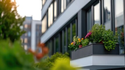 Window box planters with vibrant flowers on modern building facade
