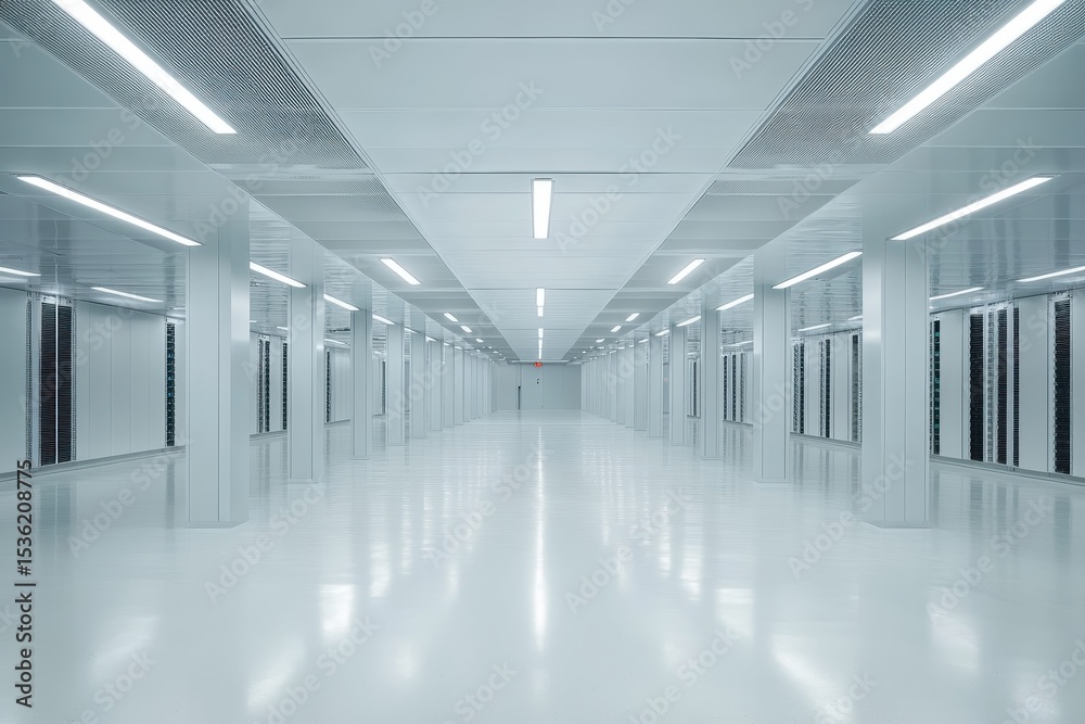 Poster modern empty interior of a large data center featuring rows of rack servers and clean design, empty 