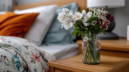 Floral Arrangement on Nightstand Creates a Cozy Bedroom Atmosphere