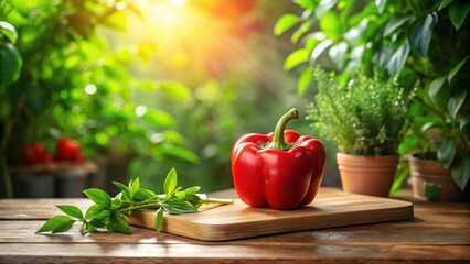 Sunlit Red Bell Pepper on Rustic Wooden Cutting Board with Fresh Herbs