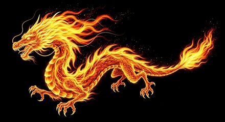Fiery oriental dragon dances in darkness