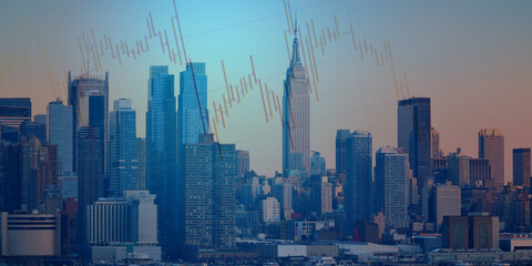 forex chart on cityscape with skyscrapers wallpaper double exposure. financial research concept.