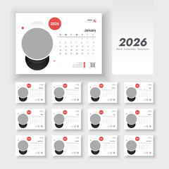 Clean 2026 new year calendar template design. Desk Calendar Template 2026. Calendar 2026 planner corporate template design set.