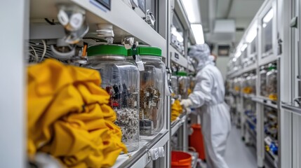 Specialized laboratory analysis with technician dressed in cleanroom suit