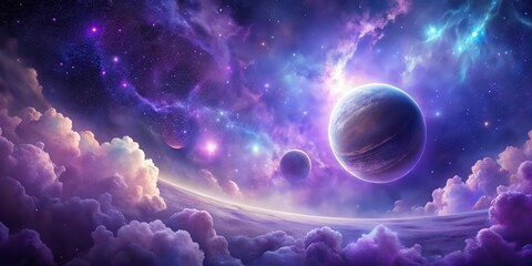 A Serene Celestial Vista Planets, Nebulae, and Dreamlike Cloudscape in a Purple and Blue Cosmic Scene
