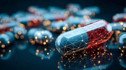 A futuristic capsule pill with a digital wireframe design, surrounded by other capsules on a reflective surface.