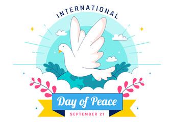 International Peace Day Vector Illustration Featuring Hands, Dove, Globe, and Blue Sky to Promote Prosperity Around the World in a Flat Background