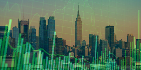 forex chart on cityscape with skyscrapers wallpaper double exposure. financial research concept.
