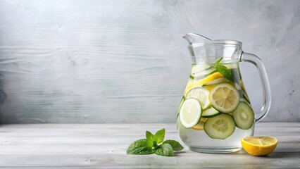 Refreshing Cucumber Lemon Mint Infused Water in a Glass Pitcher on a Wooden Table