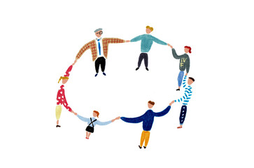 手描きイラスト　輪になって手をつなぐ人々