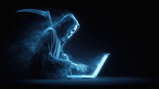 A glowing grim reaper figure with a scythe types on a laptop, blending dark horror and digital themes in a mysterious blue aura.