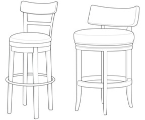 Set of Illustration of Bar chair perfect outline vector . Vector art customizable illustration. Night club, drinking establishment, pub furniture. Vector isolated drawing art. 
