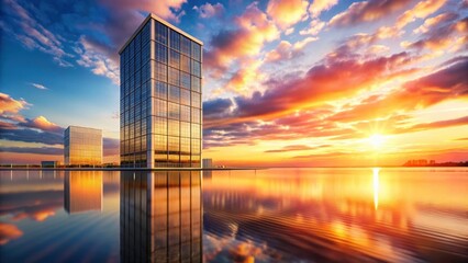 Golden Hour Reflection Skyscrapers Mirrored in Calm Waters at Sunset