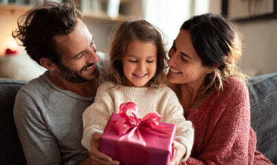 A family celebrates with a gift wrapped in pink paper and ribbon at home