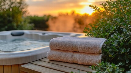 Relaxing hot tub sunset scene