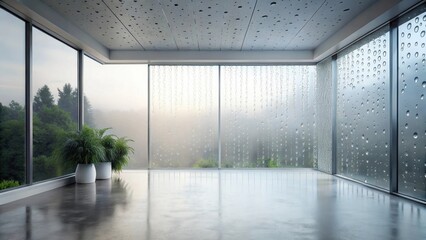 Serene Indoor Space with Expansive Windows Showing a Misty Green Landscape and Water Droplets on Glass Panels