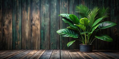 Lush Tropical Foliage in a Dark Rustic Pot Against a Weathered Wooden Wall Backdrop