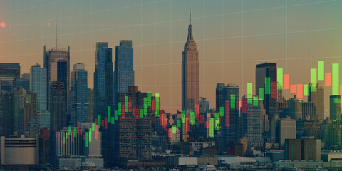 forex chart on cityscape with skyscrapers wallpaper double exposure. financial research concept.
