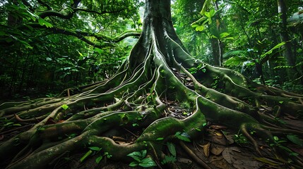 Fototapeta premium A jungle tree with a giant trunk and roots exposed