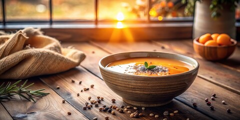 A bowl of creamy autumnal soup garnished with spices sits on a rustic wooden table, bathed in the warm glow of a sunset through a nearby window. A cozy textile rests nearby.