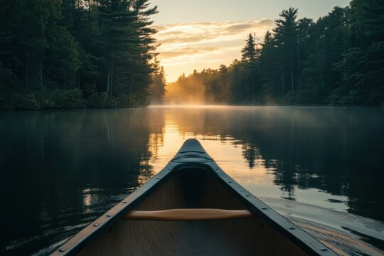 Canoe floating on calm river at sunrise surrounded by trees and mist, Tip of canoe floating on calm river at sunrise surrounded by dense trees
