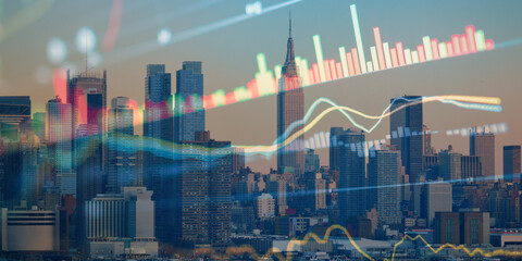 forex chart on cityscape with skyscrapers wallpaper double exposure. financial research concept.